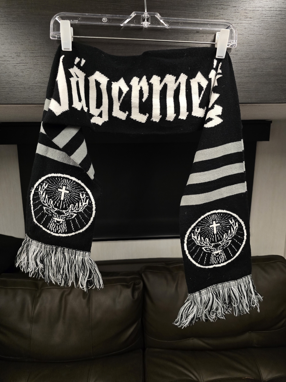 Jagermeister Black and Gray Logo Knit Scarf with Fringe